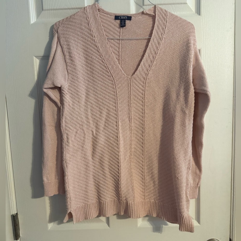 Chaps Blush Pink Metallic Knit V-Neck Sweater Tunic Top Size S/P